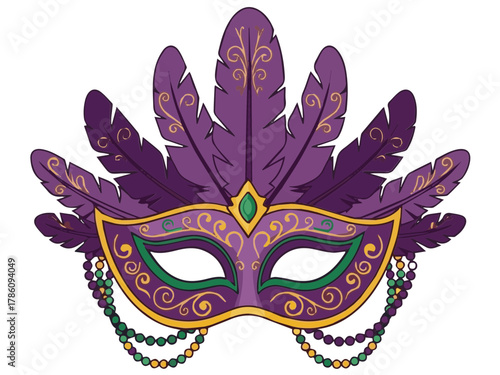 Vector illustration of an elegant purple carnival or Mardi Gras mask decorated with feathers, gems, and pearls. Represents celebration, masquerade, and Venetian culture.