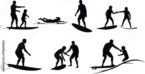 Family surfing silhouettes, parent teaching child, ocean waves, surfing lessons, summer vacation, beach fun, outdoor sport, bonding time, water activity, balance.