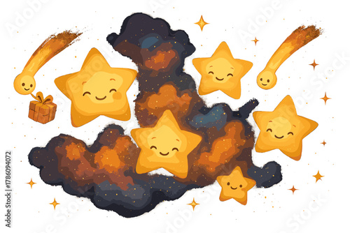 Stellar Nursery Delight. Stellar nursery with smiling baby stars, glowing nebula clouds, and comets bringing gifts of stardust No