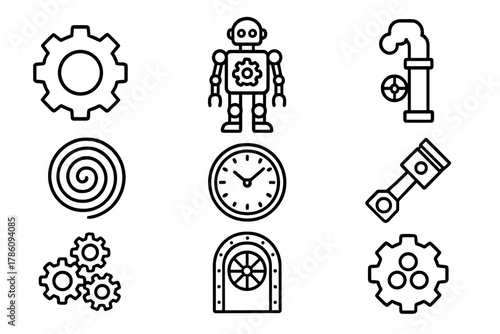 Gearworks District Icons. Line style icons of Gearworks District: Giant Gear, Automaton, Steam Pipe, Mainspring, Clock Face,