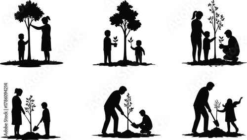 Family planting trees, parent and child gardening, nature care, environmental protection, sustainability, green lifestyle, save earth concept, eco education, teamwork, growth
