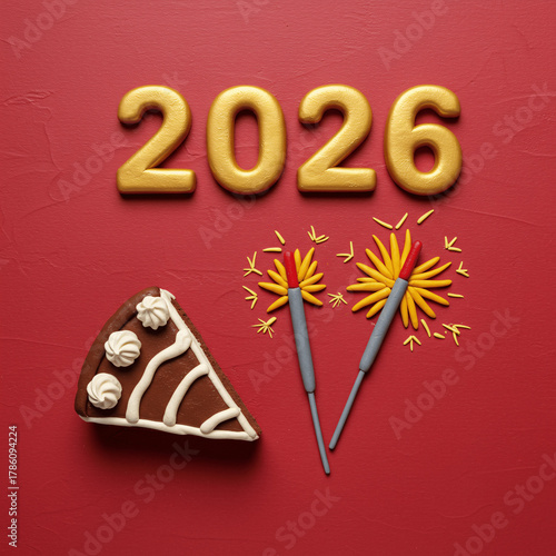New Year's Celebration: Festive Claymation Dessert Flat Lay with 2026 and Sparklers