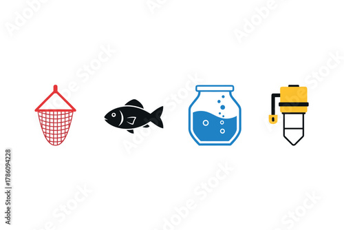 Aquatic themes and fishing equipment icons for design projects