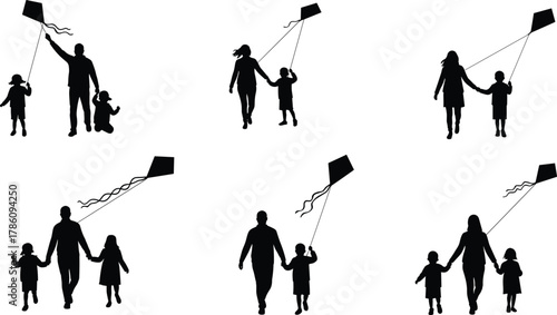 Family flying kites silhouettes, parents and children outdoor activity, happy childhood moments, family bonding, leisure time fun, sky, wind, playtime, park.
