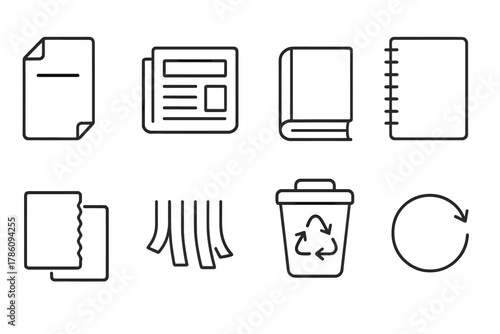 Paper Recycling Icons. Line style icons of Paper Recycling: Paper Sheet, Newspaper, Book, Notebook, Cardboard, Shredded Paper,