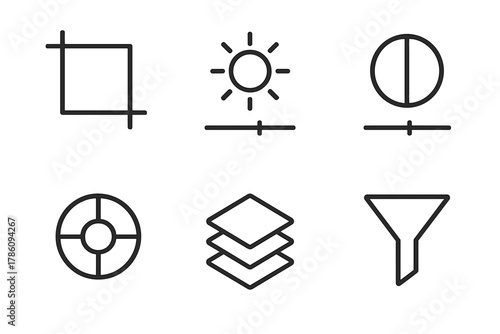Photo Editing Icons. Line style icons of photo editing: crop tool frame, brightness adjustment bar, contrast slider icon, color