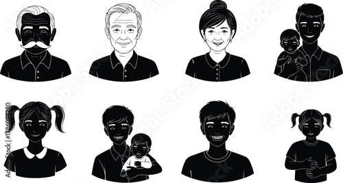 Family generations portrait, grandparents parents and children illustration, happy people faces, smiling family members, cartoon style, diversity, relationship, love, togetherness