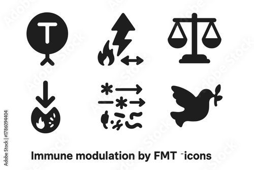 Immune Modulation Icons. Solid style icons of immune modulation by FMT: T-cell symbol, immune boost arrow, balanced scale icon.
