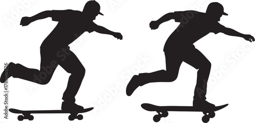 Two dynamic skateboarder silhouettes in motion silhouette