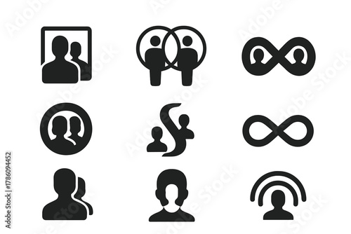 Parallel Identity Icons. Solid style icons of parallel self theory: mirror self glyph, multiverse avatar icon, dual soul badge.