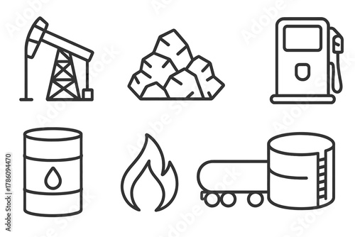 Fossil Fuel Icons. Line style icons of Fossil Fuels: Oil Derrick, Coal, Gas Pump, Pipeline, Barrel, Flame, Tanker Truck, Storage