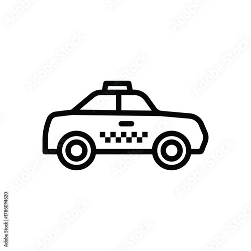 A simplistic line drawing of a taxi featuring a checkerboard pattern and roof light
