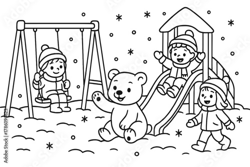 Playful Polar Bear Cub. Whimsical polar bear cub joining children in a snowy playground with swings and slides, black and white