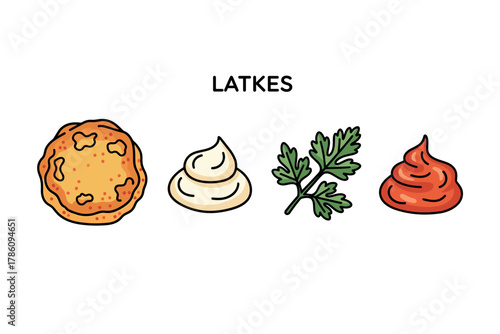 Traditional latkes and accompaniments icon set for culinary design