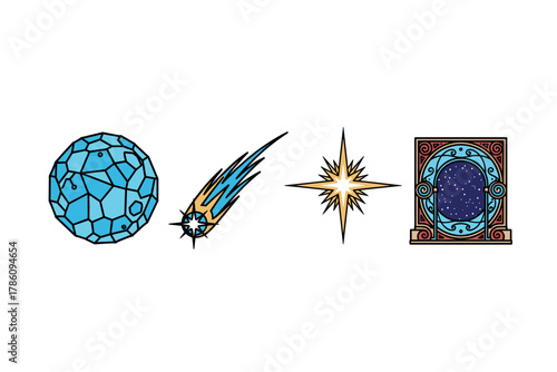 Celestial phenomena and cosmic exploration icons for sci-fi and fantasy design