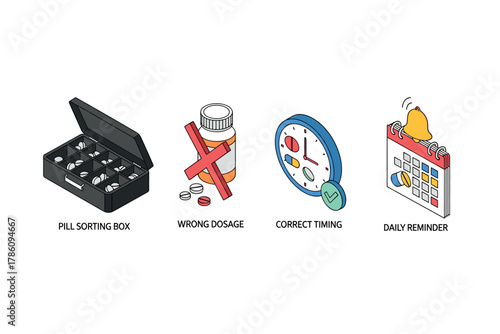 Medication management icons for health safety and organization