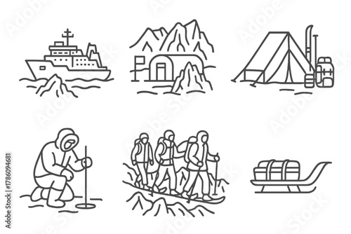 Polar Expedition Icons. Line style icons of polar expeditions for glacier study: icebreaker ship icon, research camp near glacier,