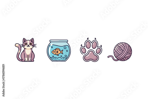 Charming feline companions and pet care icon set for design projects