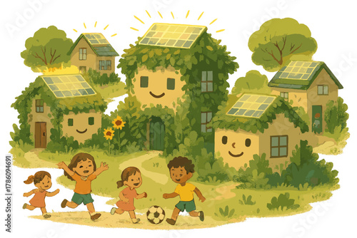 Eco-Friendly Neighborhood Bliss. Eco-friendly neighborhood with smiling houses covered in plants, children playing, and solar