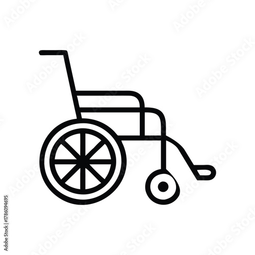 A stark black line drawing presents a wheelchair showcasing its seat backrest large spoked wheel and smaller front wheel