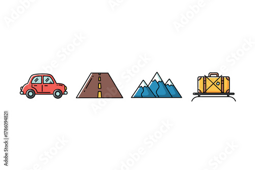 Road trip adventure icons for travel planning and exploration design