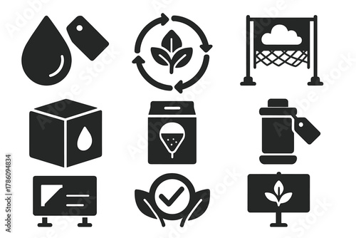 Eco Branding Icons. Solid style icons of branding and labeling: water drop with brand tag, eco-collector logo, fog net product