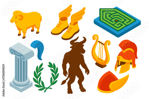 Mythic Icons Set. Isometric vector illustration set Mythology and folklore – golden fleece, winged sandals, labyrinth maze;