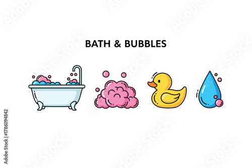 Bath and bubbles icons for bathroom design and children’s products