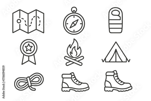 Scout Camp Essentials Icons. Line style icons of Scout Camp: Map, Compass, Sleeping Bag, Merit Badge, Campfire, Tent, Rope, Hiking