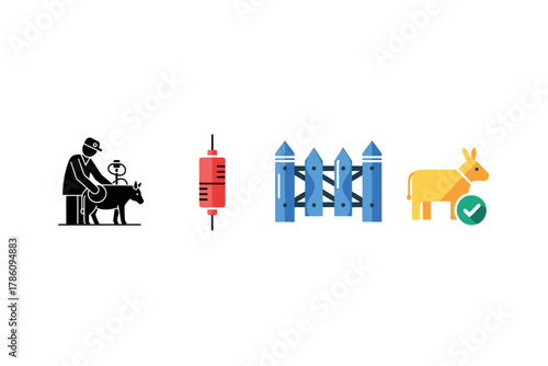 Livestock management and veterinary care icons for agricultural applications