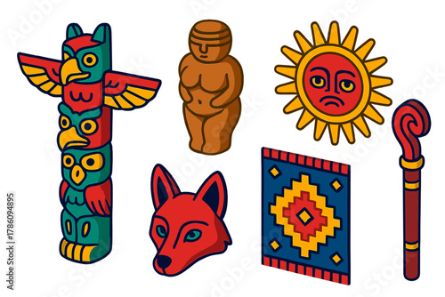 Cultural Symbolism Icons. Isometric vector illustration set Symbolism in Culture: totem pole, fertility figurine, sun motif, woven