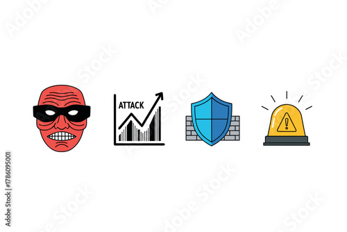Cybersecurity threats and protection icons for digital security design