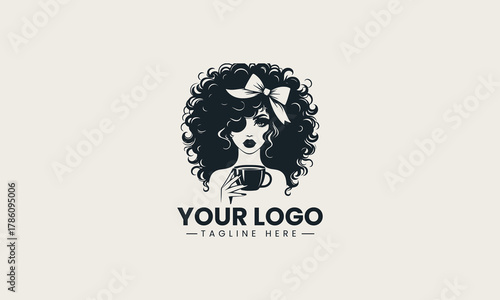 Black woman silhouette with coffee cup and curly hair stylish retro logo illustration