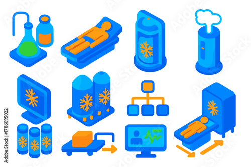 Cryonics Process Illustration. Isometric vector illustration set Cryonics protocol: vitrification solution handling, patient