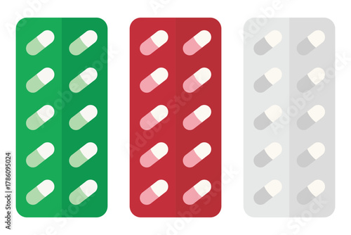 Medicine blister packs vector icon. Medicine pills, tablets, capsules. Set of capsule icon on white background. Oval drugs in silver, green, red foil packaging. Vector illustration.