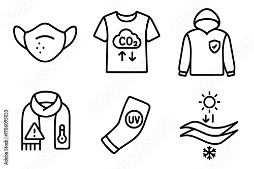 Environmental Smart Clothing Icons. Line style icons of environmental smart clothing: pollution-sensing mask, CO2-level shirt, air