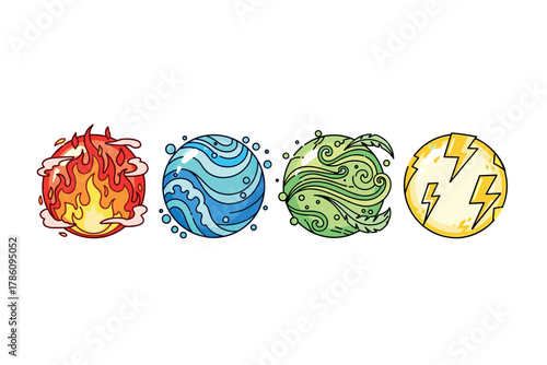 Elemental energy icons for fantasy and gaming design