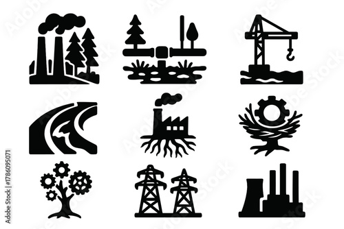 Industrial Nature Intrusion. Solid style icons of industrial intrusion: smokestacks in forests, pipelines through wetlands, cranes