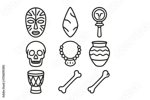 Anthropology Icons Collection. Line style icons of Anthropology: Tribal Mask, Ancient Tool, Ritual Object, Skull, Necklace,