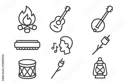 Campfire Song Icons. Line style icons of Campfire Songs: Campfire, Guitar, Banjo, Harmonica, Singing Silhouette, Marshmallow Stick