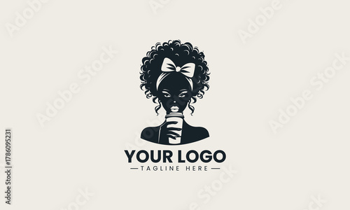 Black woman silhouette with coffee cup and curly hair stylish retro logo illustration