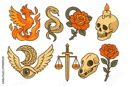 Tattoo Symbolism Illustrations. Isometric vector illustration set of Tattoo symbolism: phoenix with fire, snake with flower, skull