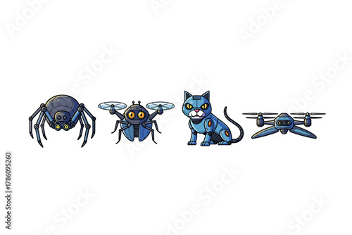 Futuristic robotic animals and drones for tech design projects