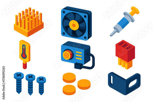 Robotics Kit Components. Isometric vector illustration set Robotics kits – heat sink, cooling fan, thermal paste; temperature