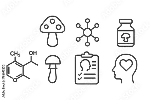 Psychedelic Fungi Symbols. Line style icons of psychedelic fungi research: psilocybin molecule, psychoactive cap, neural pathway