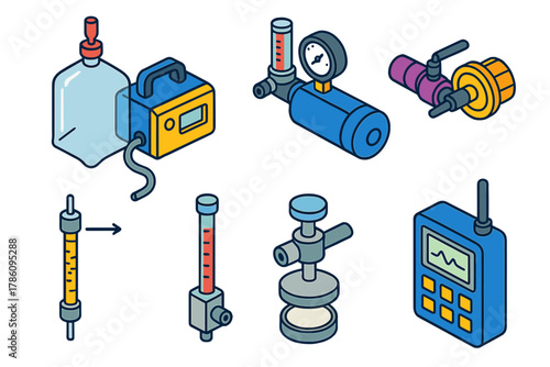 Bright Science Equipment Icons. Isometric vector illustration set Science lab equipment – gas sampler, Tedlar bag, pump; adsorbent