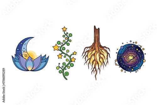 Mystical nature and cosmic elements icons for spiritual and astrological designs