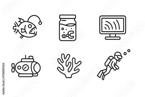 Deep Ocean Icons. Line style icons of Deep Ocean Study: Abyssal Creature, Sample Container, ROV, Sonar, Submersible, Coral,