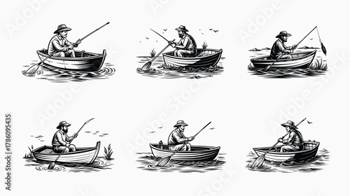 Stylized Black and White Illustrations of Fishermen in Boats on the Water
