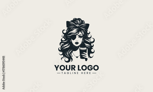 Black woman silhouette with coffee cup and curly hair stylish retro logo illustration